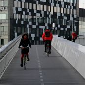Bicycles crossing the bridge